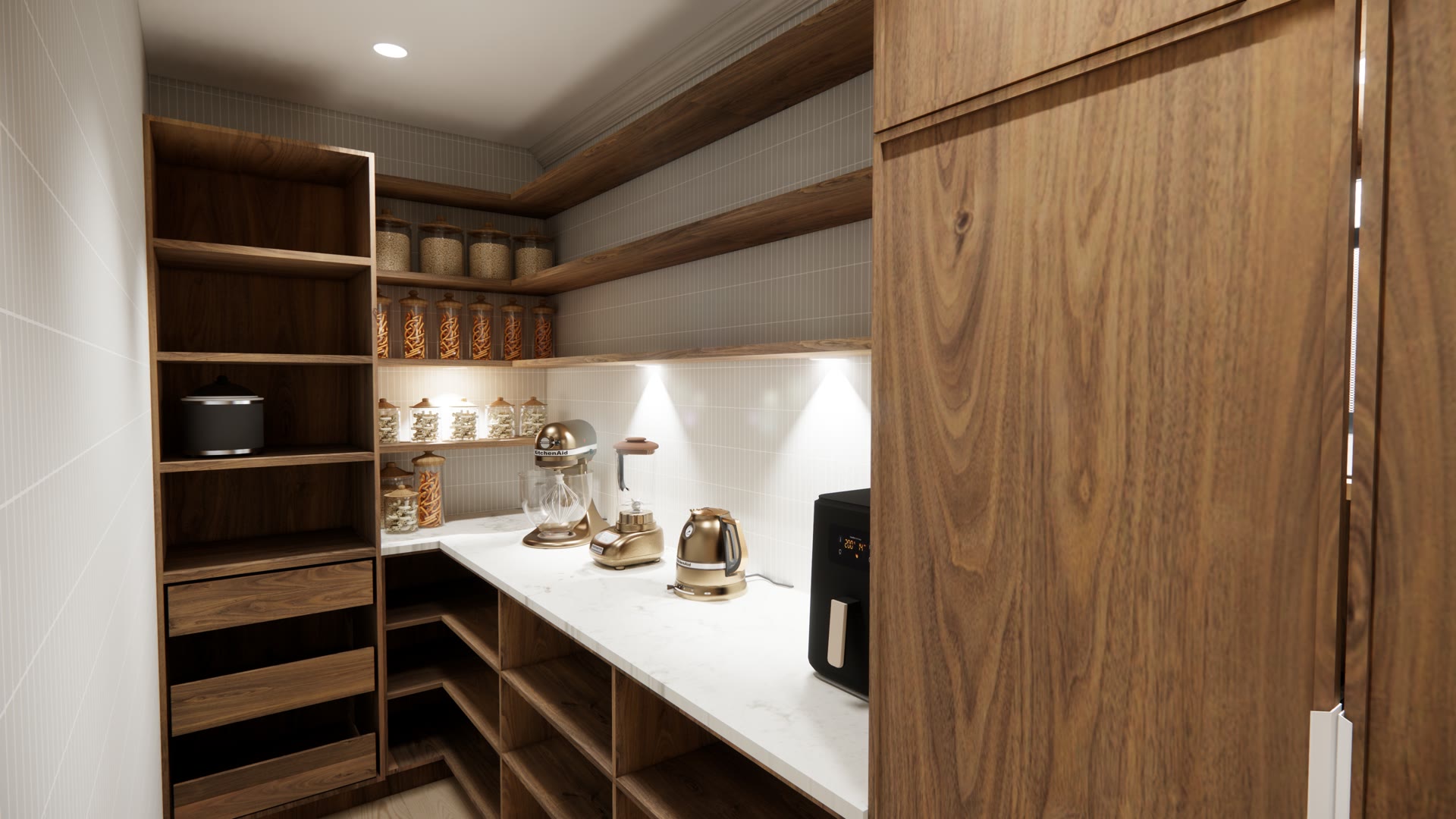 Rendu 3D du rangement et des tablettes de l'arrière-cuisine, rénovation résidentielle à Sillery, Québec